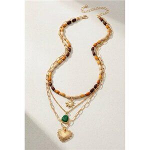 Layered Wood Bead and Charm Necklace